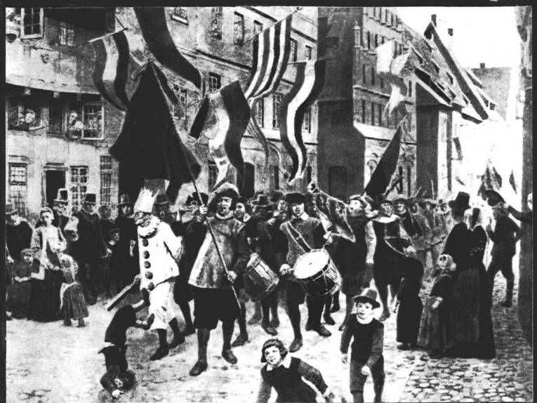 Zeichnung eines Festumzugs mit einem Narren an der Spitze.