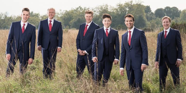 Sechs Männer in Anzügen stehen auf einer Wiese
