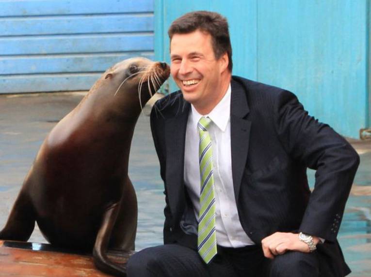 Ein Seelöwe  beschnuppert die Wange eines Mannes im Anzug.