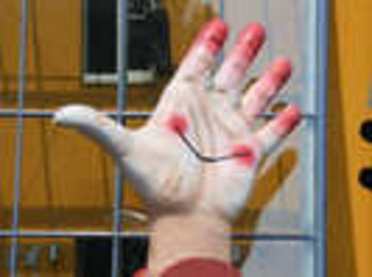 Blick auf eine Statue vor dem Figurentheaterhaus: Eine überdimensionale Hand mit roten Fingerkuppen.
