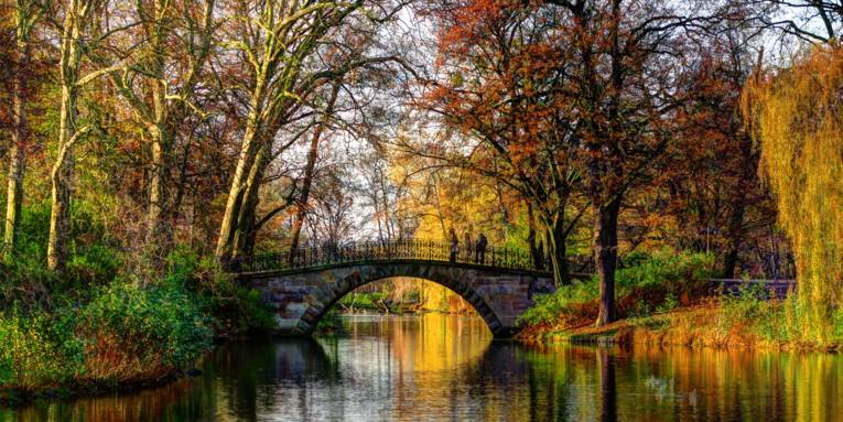 Kleine Brücke über ein Gewässer, umrahmt von Bäumen und Büschen mit verschiedenfarbenen Herbstlaub.