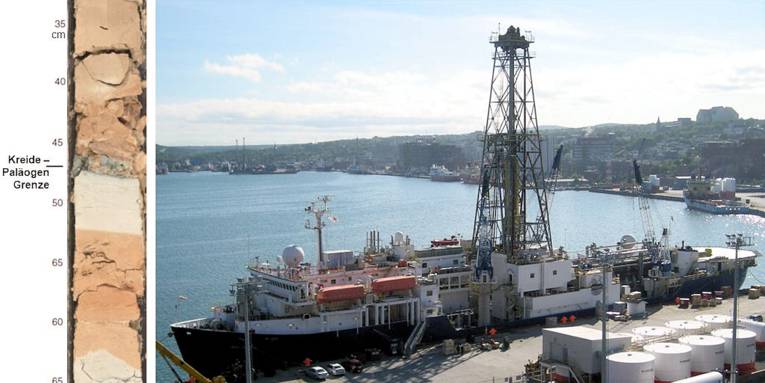 Fotocollage: Sedimentbohrkern mit der Markierung "Kreide-Paläogen Grenze" und Schiff mit Bohrturm in einem Hafen liegend