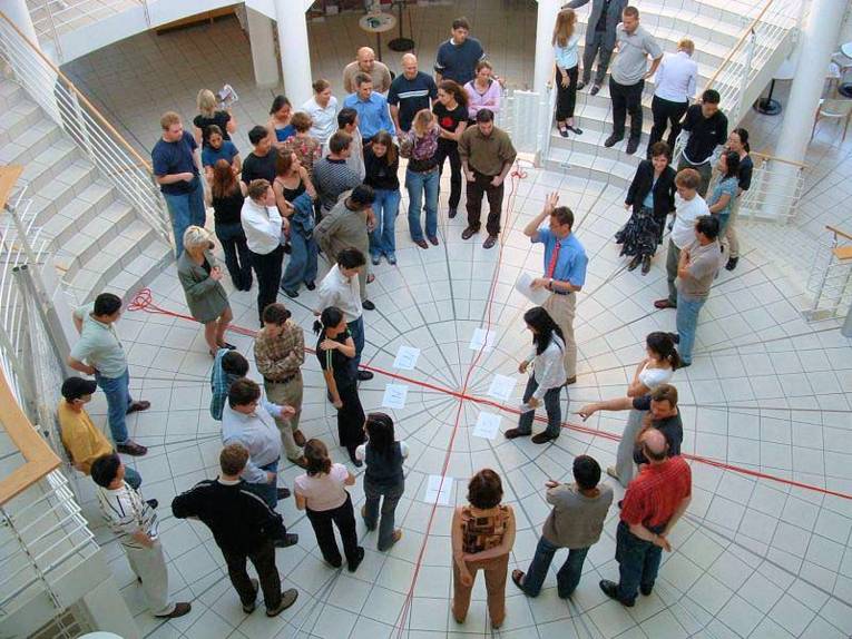 Menschengruppe von oben fotografiert.