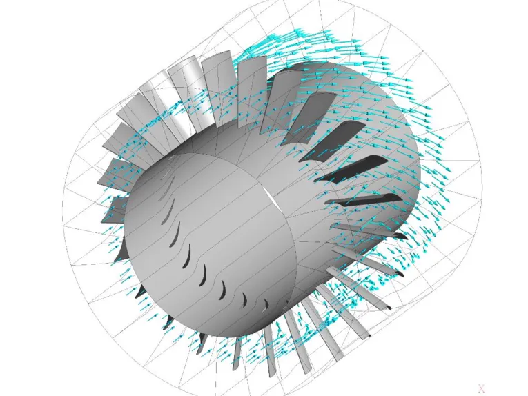 Schematische Darstellung einer Strömungssimulation an einem Schaufelrad.