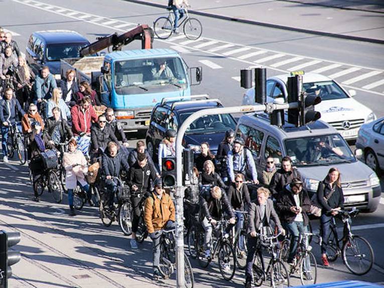 Fahrräder und Autos warten vor Ampelkreuzung.