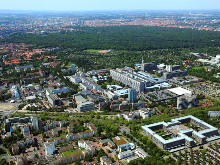 Luftaufnahme einer Stadt mit großer Grünfläche.
