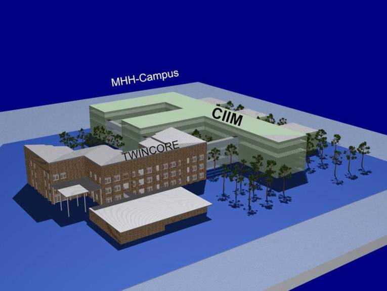 3D Bild eines Gebäudekomplexes mit den Bezeichnungen "MHH-Campus", "TWINCORE" und "CIIM"