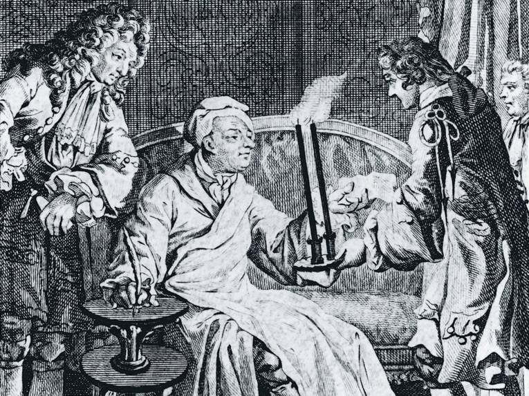 Druck eines alten Mannes, der auf einem Sofa sitzt und drei um ihn herumstehenden Männern ein Blatt Papier überreicht.