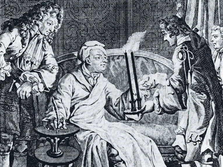 Druck eines alten Mannes, der auf einem Sofa sitzt und drei um ihn herumstehenden Männern ein Blatt Papier überreicht.