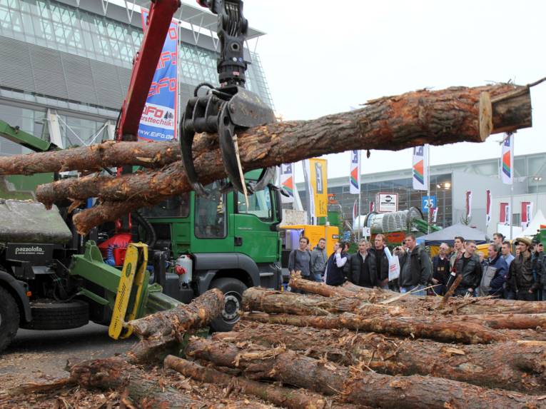 Ein großes Gerät wird benutzt, um Baumstämme hochzuheben.