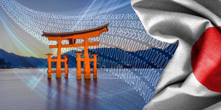 Japanischer Tempel und Flagge vor Computergrafik