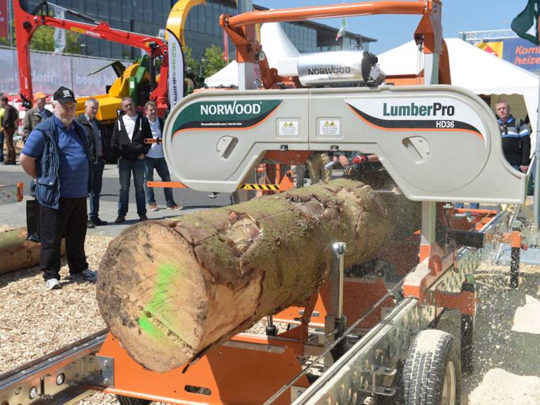 Holzstamm auf Fahrzeug wird maschinell zersägt.