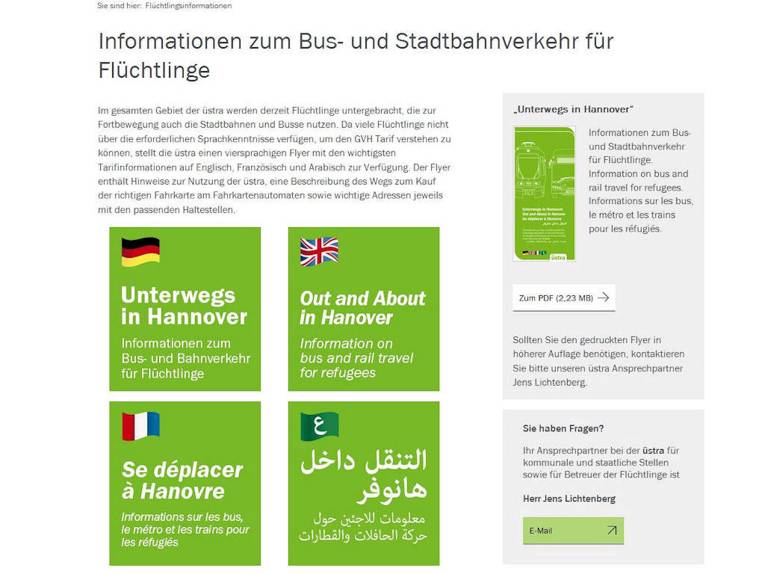 Screenshot einer Seite mit Text: "Informationen zum Bus- Und Stadtbahnverkehr für Flüchtlinge"
