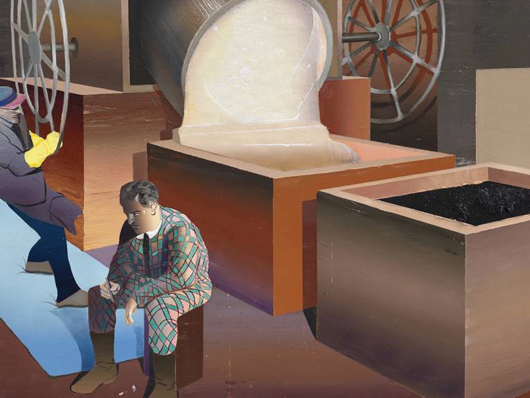 Gemälde, das einen Mann zeigt, der einen großen Kübel auskippt und einen Mann, der sitzt.