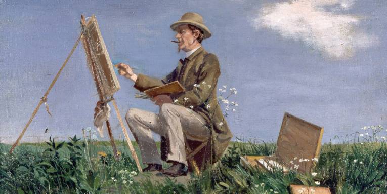 Gemälde eines Malers vor einer Staffelei in freier Landschaft