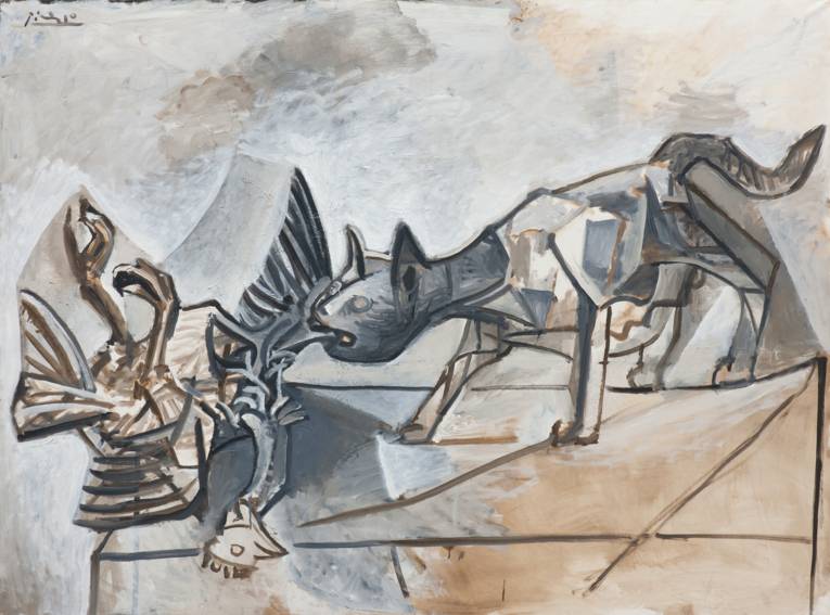 Abstrakte Zeichnung, die eine Katze zeigt, die einen Hahn angreift.