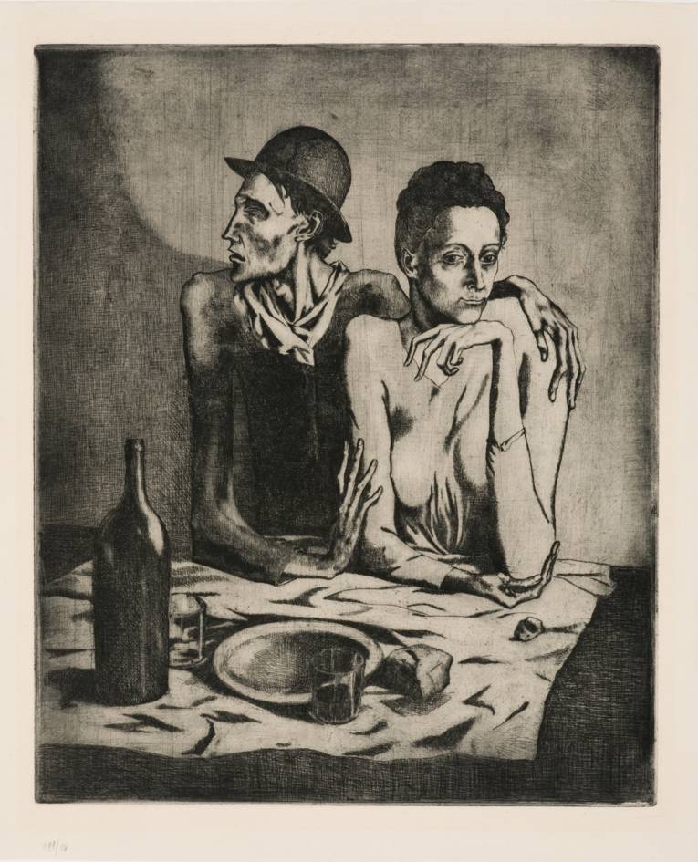 Zeichnung eines Paares, der Mann trägt einen Hut.