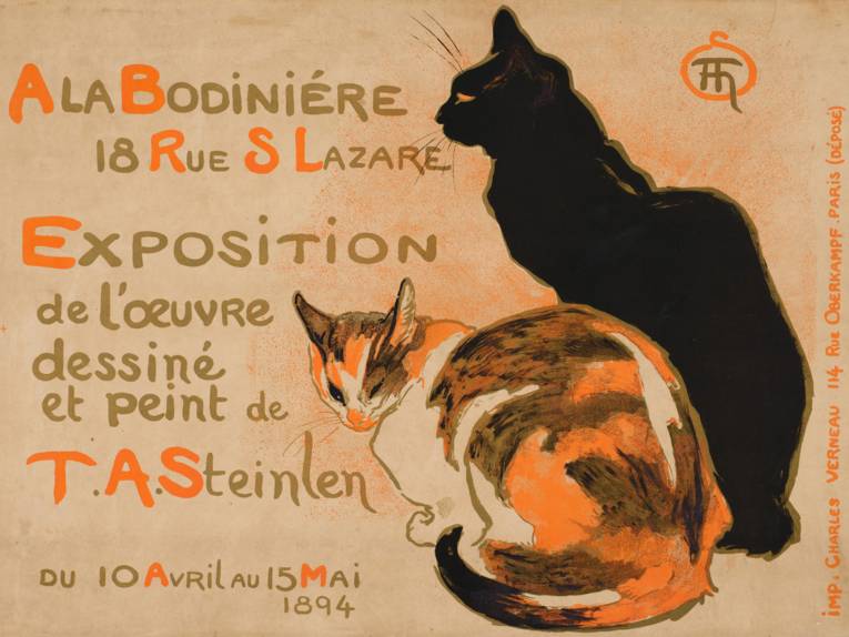 Plakakt mit Text auf Französisch und zwei gezeichneten Katzen.