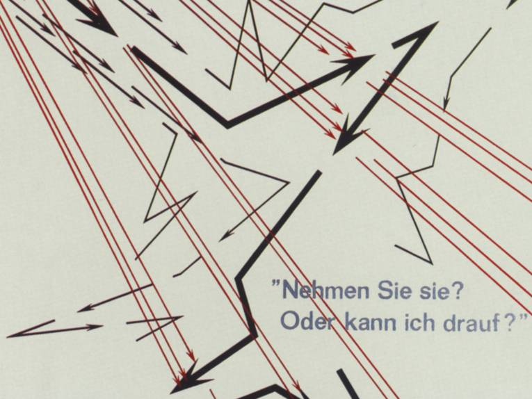 Abstrakte Zeichnung dazu die Wörter "Nehmen Sie sie? Oder kann ich drauf?"

