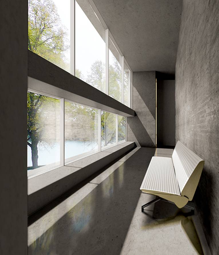 Sitzbank vor Fensterfront