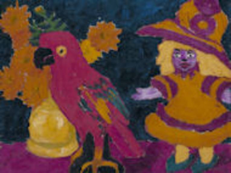 Gemälde von Emil Nolde: Puppe, Blumen und Papagei, 1912, Öl auf Leinwand
