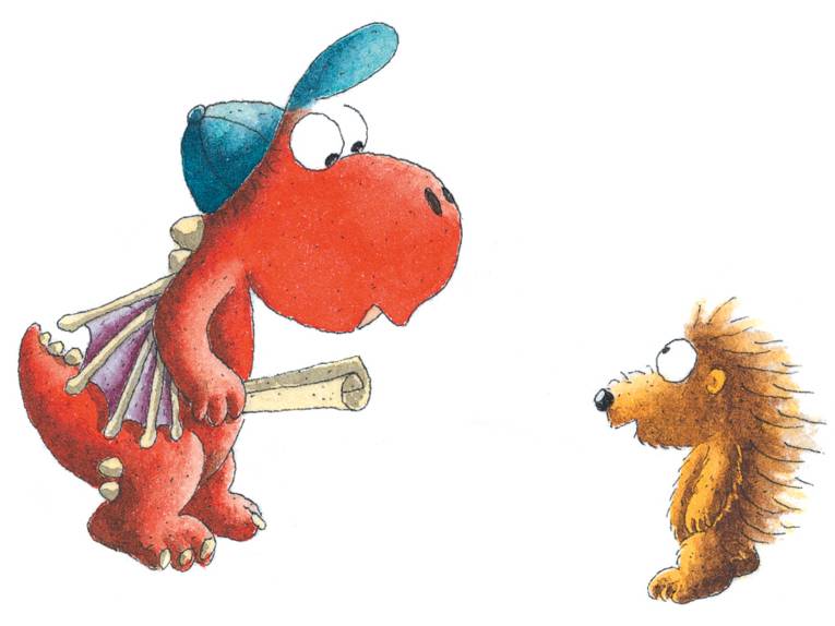 Zeichnung eines kleinen roten Drachens mit Mütze und eines Igels.