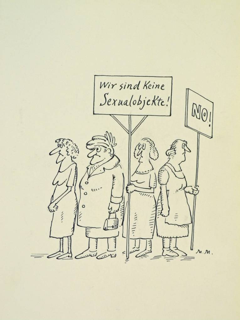 Karikatur die vier ältere Frauen zeigt, die Schilder mit der Aufschrift "Wir sind keine Sexualobjekte" und "No" tragen.