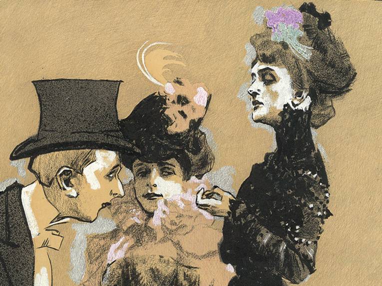 Zeichnung einer Frau und eines Mannes, die in Kleidung der 20er-Jahre an einem Café-Tisch sitzen, daneben steht eine Frau.