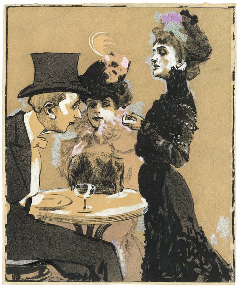 Zeichnung einer Frau und eines Mannes, die in Kleidung der 20er-Jahre an einem Café-Tisch sitzen, daneben steht eine Frau.