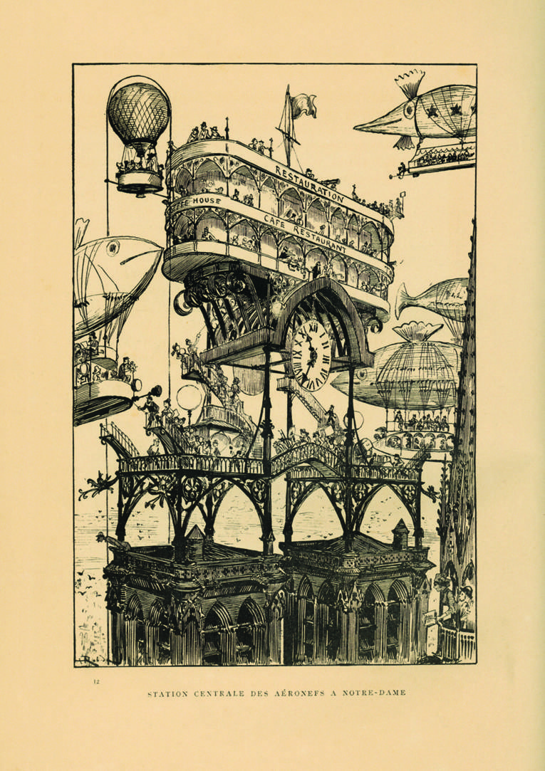 Historische Zeichnung eines Bahnhofs für Luftschiffe