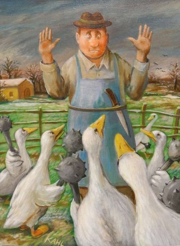 Gänse mit Eisenkeulen umringen einen Mann mit Schlachtemesser, der die Hände in die Höhe hebt.