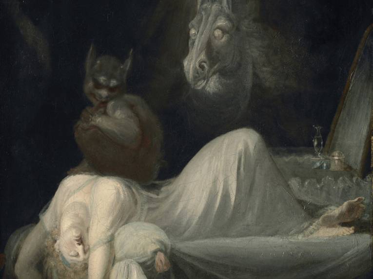 Gemälde einer schlafenden Frau, auf der ein Kobold sitzt.