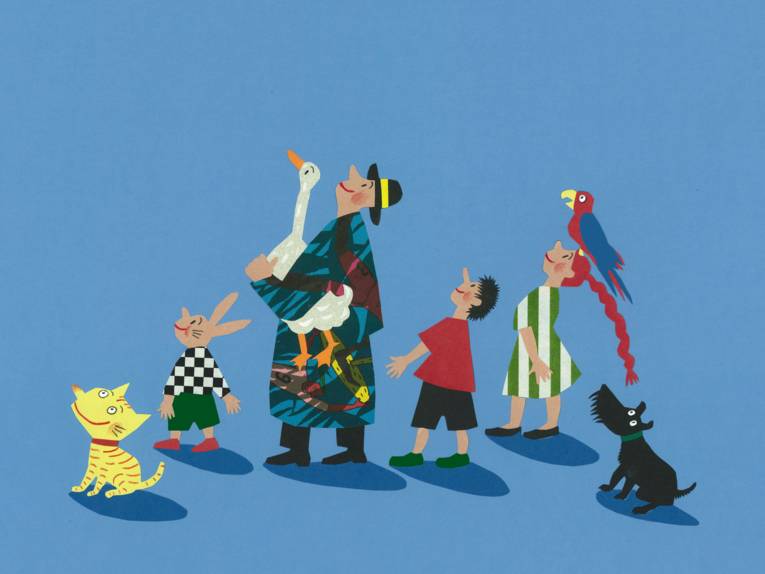 Zeichnung eines Mannes mit einem Jungen und einem Mädchen sowie Hund, Katze, Hase, Gans und Papagai