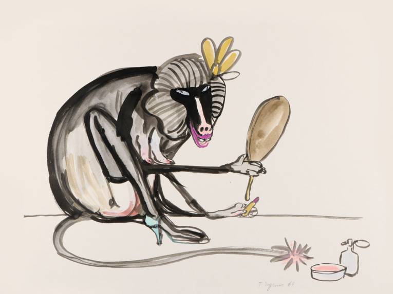 Zeichnung eines Affen mit Handspiegel und Lippenstift