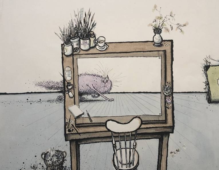 Zeichnung einer Katze, die hinter einer Staffelei läuft