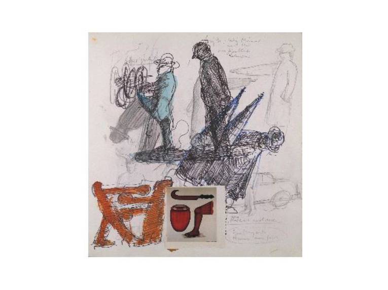 Mehrere, übereinander gezeichnete Skizzen von Männern.