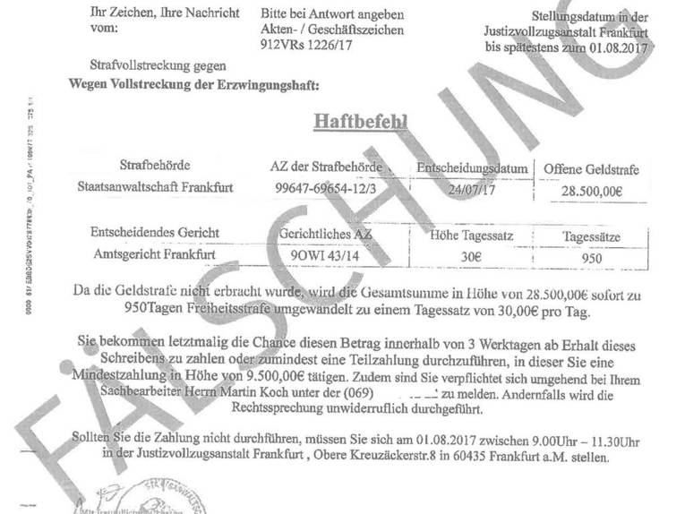 Gefälschter Haftbefehl mit dem Aufdruck FÄLSCHUNG