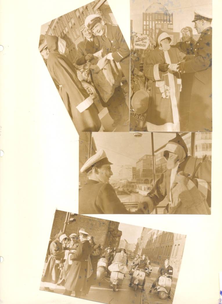 Collage alter Fotografien von Motorrollerfahrern in Weihnachtsmannkostümen.