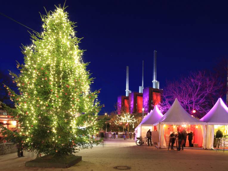 Weihnachtsbaum und Weihnachtsmarkt vor angeleuchtetem Gebäude