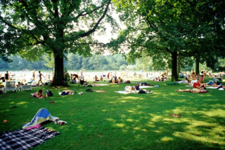 Viele Menschen liegen auf einer schattigen Wiese. Zwischen einigen Bäumen im Hintergrund lässt sich der See erahnen.