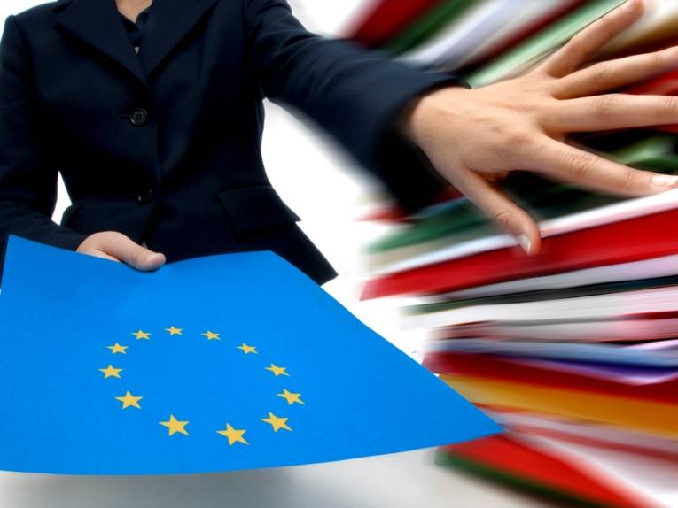 Ein Frau schiebt einen Stapel Mappen zur Seite und streckt uns mit der anderen Hand eine blaue Mappe mit den Europasternen entgegen.