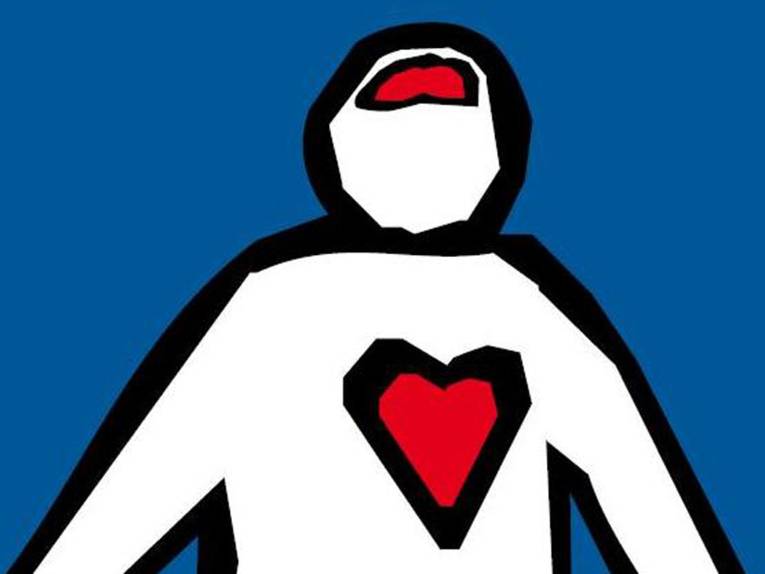 gezeichnete Figur mit rotem Gehirn und rotem Herz