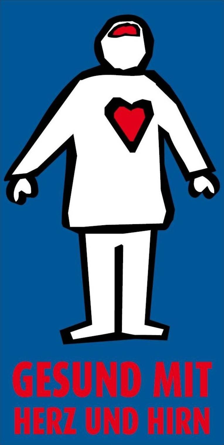 gezeichnete Figur mit rotem Gehirn und rotem Herzen, am unteren Bildrand der Schriftzug Gesund mit Herz und Hirn