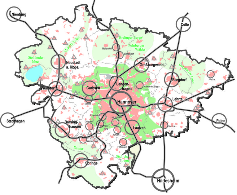 schematische Karte der Region Hannover (Raumstruktur Region Hannover und direktes Umland)
