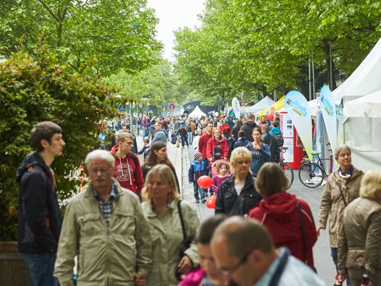 Besucherinnen und Besucher des Autofreien Sonntags flanieren und informieren sich an Infoständen unter Bäumen