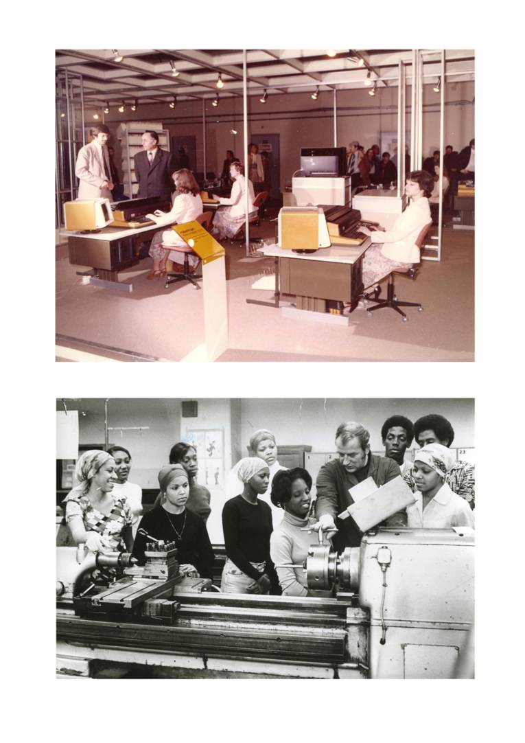 Ein Foto zeigt vier Frauen an Schreibmaschinen im Büro, ein zweites zeigt Frauen an einer Maschine