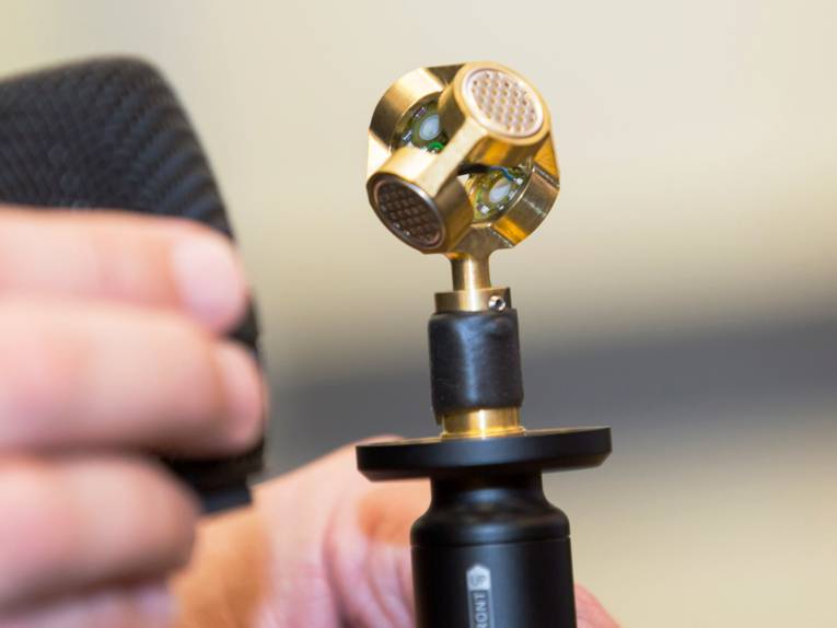 Der Schutzkorb eines Handmikrofons ist abgenommen, darunter sind mehrere Mikrofonköpfe, die Klänge aus verschiedenen Richtungen aufnehmen.