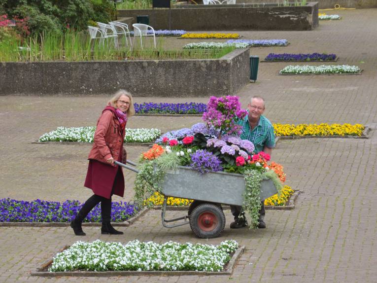 Eine Frau und ein Mann mit einer Schubkarre voller Blumen.