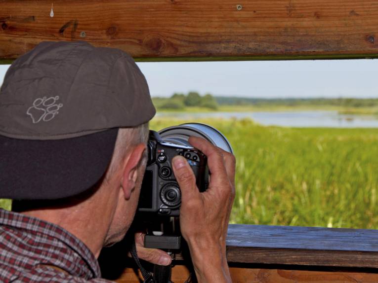 Ein Mann ist an einem Aussichtspunkt und schaut durch den Sucher seiner Kamera auf ein Feuchtgebiet.