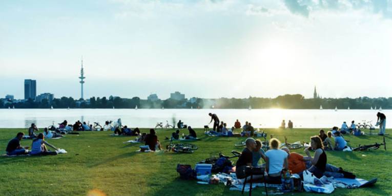 mehrere Gruppen auf der Alsterwiese beim Picknick / Grillen, im Hintergrund die Stadt mit dem Fernsehturm.